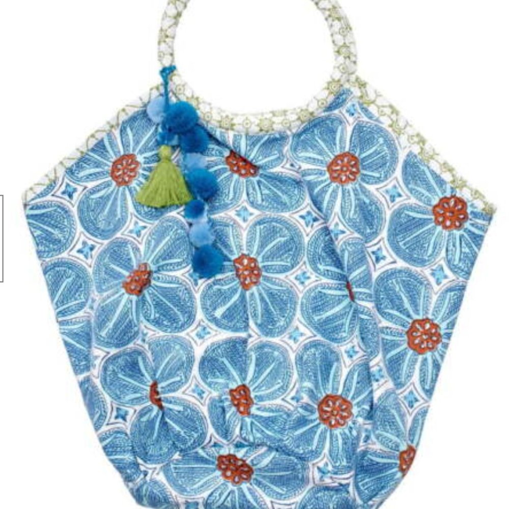 RARE JOHN ROBSHAW LITA COTTON PRINT BEACH BAG TOTE TURQUOISE BLUE GREEN FLOWER